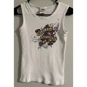 Harley Davidson White Ribbed Tank Top Sz M Tattoo Graphic Pic Gettysburg PA